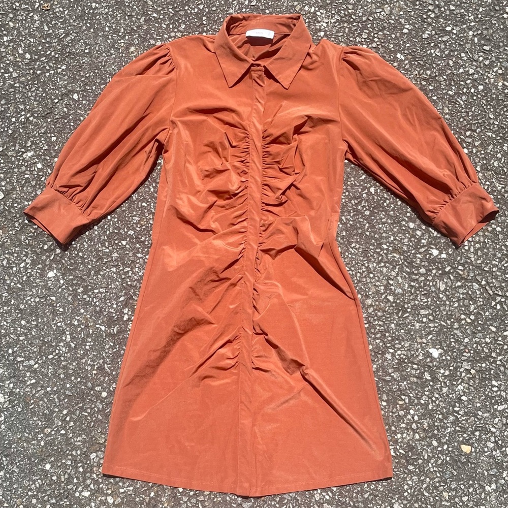 Burnt Orange Ruched Mango Mini Shirt Dress Puffed Sleeves Summer Workwear Size M